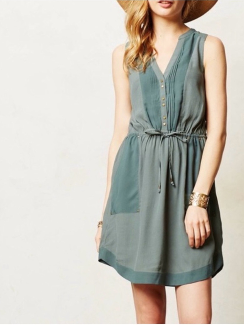 Anthropologie Maeve Sleeveless V-Neck Drawstring Mini Dress in Sage